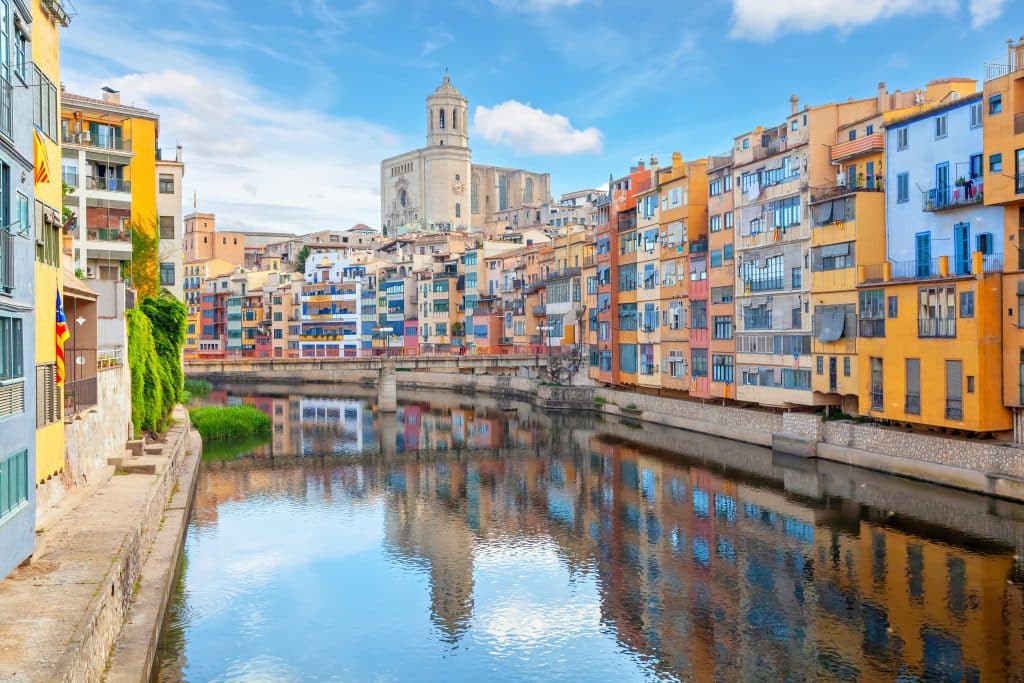 Cathedral and colorful houses in Girona, Spain